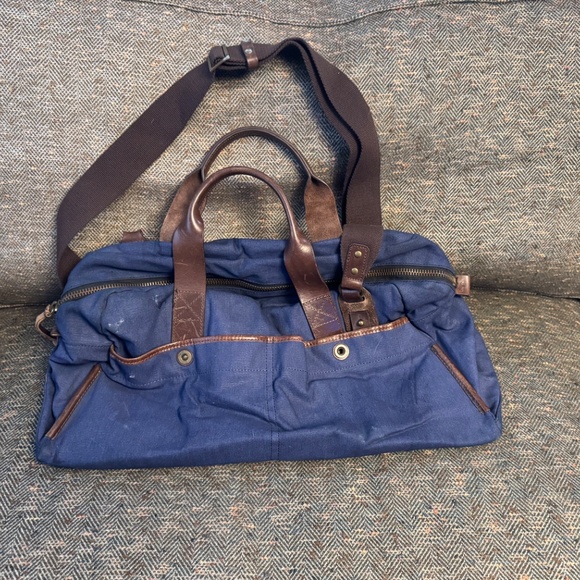 J. Fold Roadster Duffel Bag Blue Canvas Brown & Leather (Authentic Pre-Owned) - Picture 4 of 15